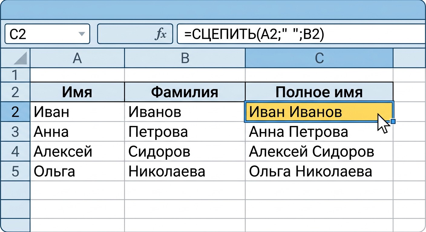 Пример функции СЦЕПИТЬ в Excel — объединение имени и фамилии