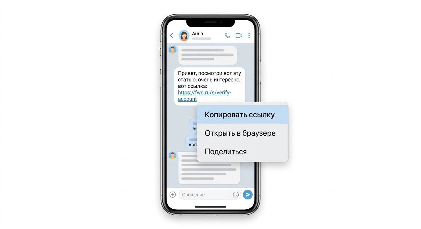 Telegram — контекстное меню «Скопировать ссылку» для проверки подозрительного сообщения