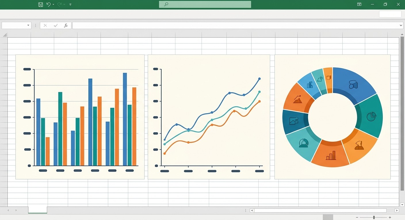 Три диаграммы на листе дашборда Excel — столбчатая линейная и круговая