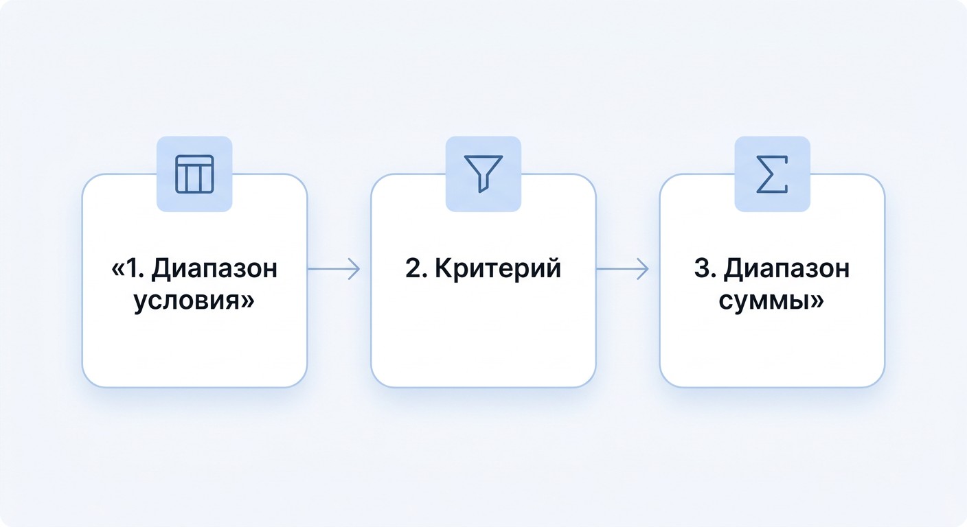 Три шага применения функции СУММЕСЛИ в Excel — инфографика