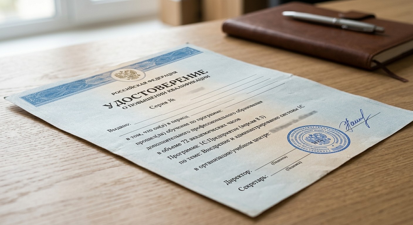 Удостоверение о повышении квалификации по программе 1С