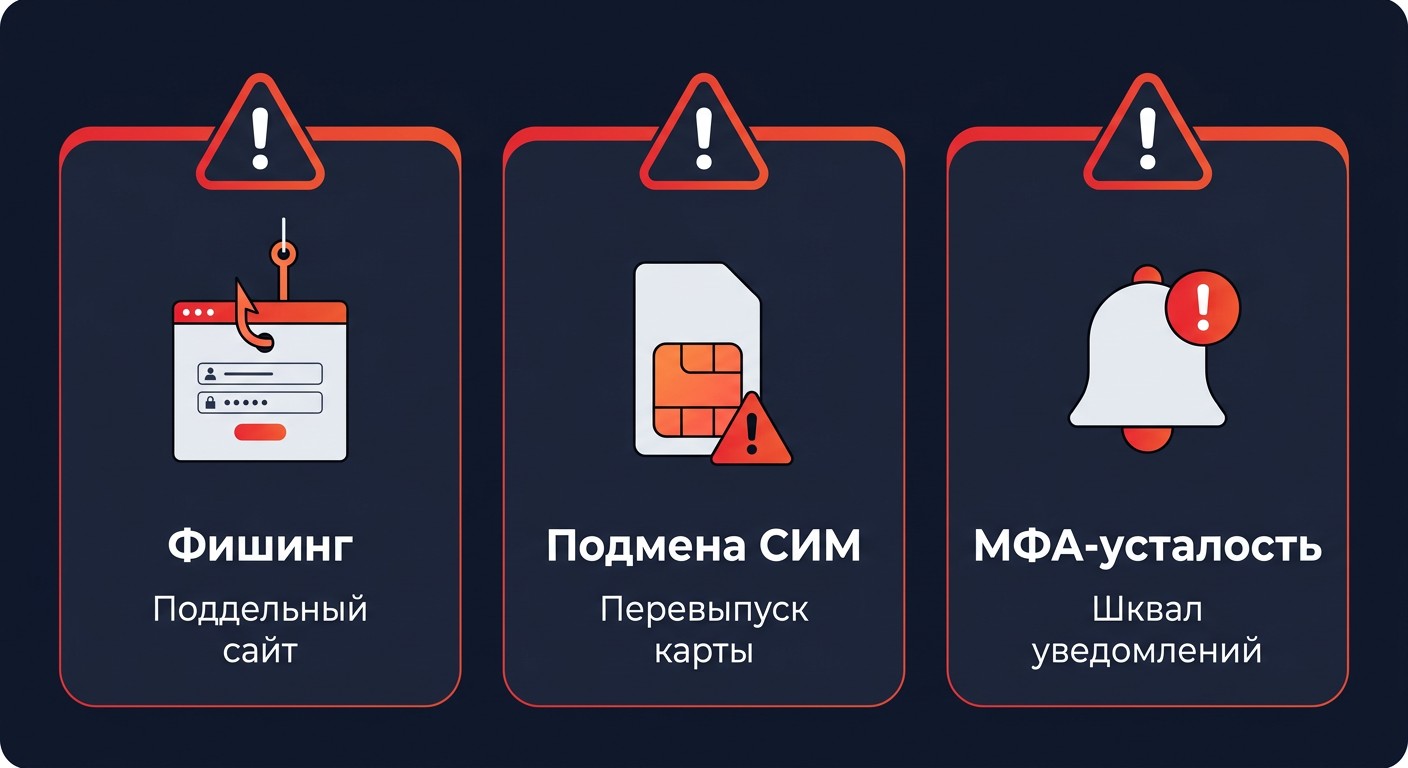 Три угрозы двухфакторной аутентификации: фишинг, подмена СИМ, МФА-усталость
