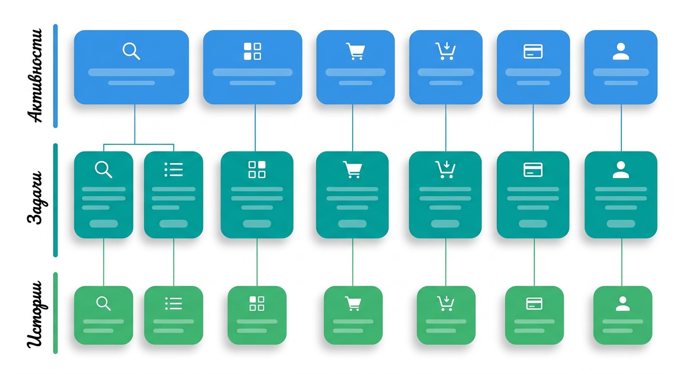 Схема User Story Map: три уровня — активности, задачи и пользовательские истории