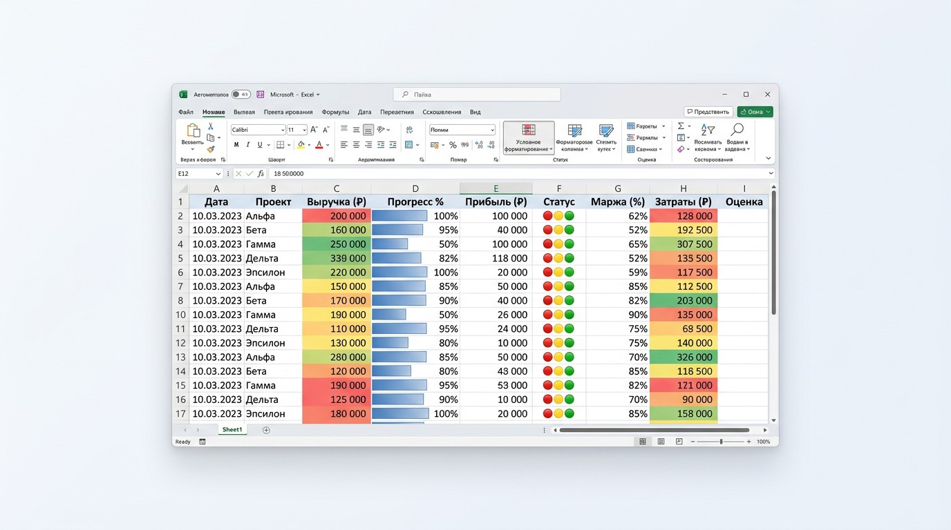Условное форматирование Excel — таблица с цветными ячейками и значками