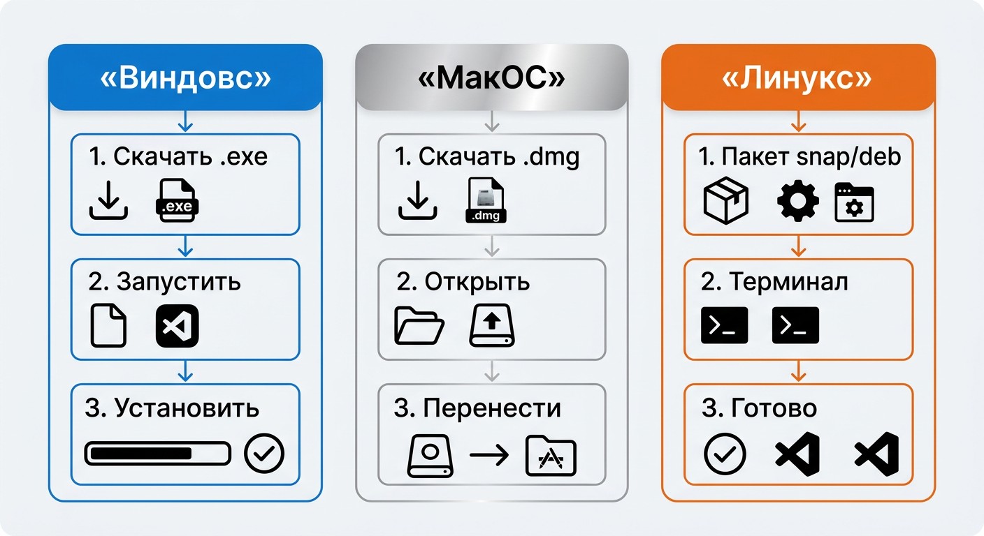 Пошаговая установка VS Code на Windows, macOS и Linux — инфографика
