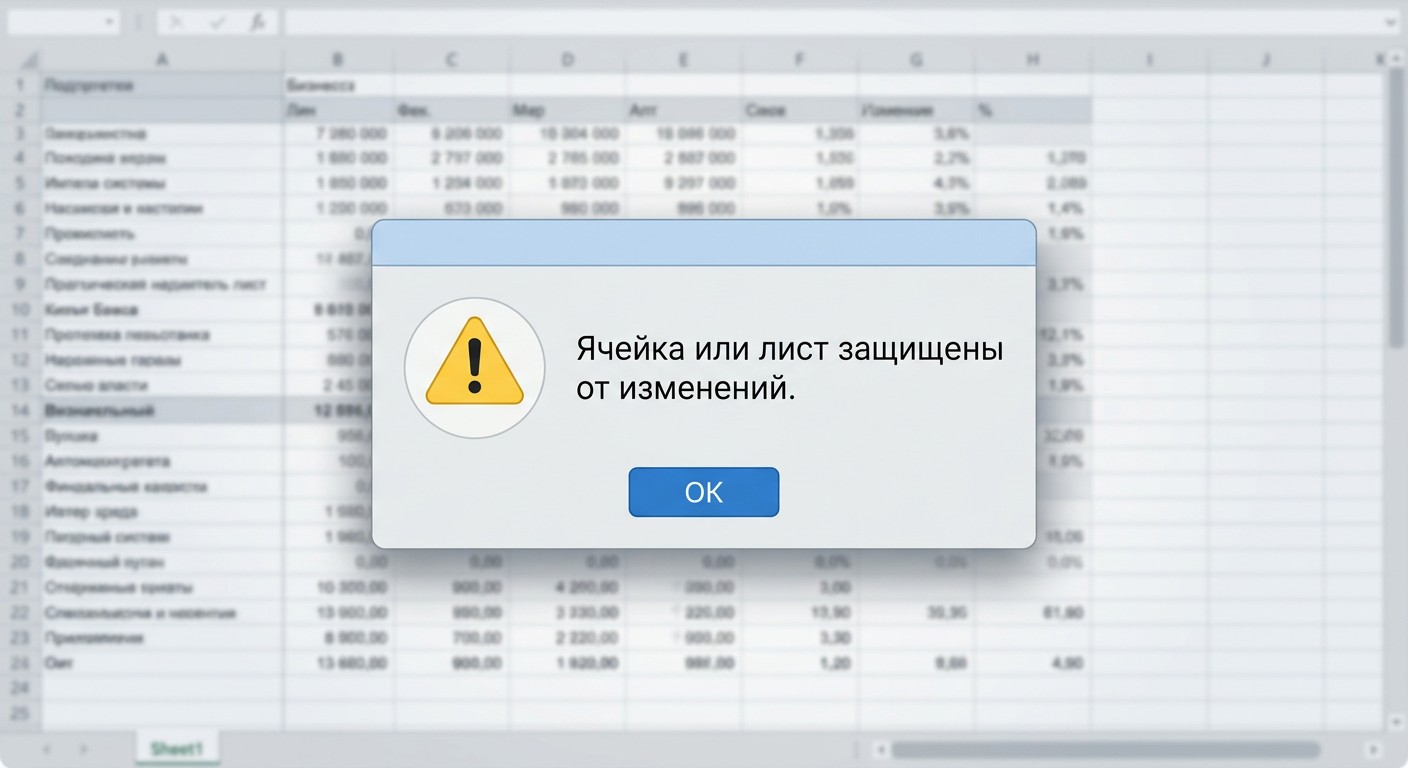 Уведомление Excel при попытке редактировать защищённую ячейку