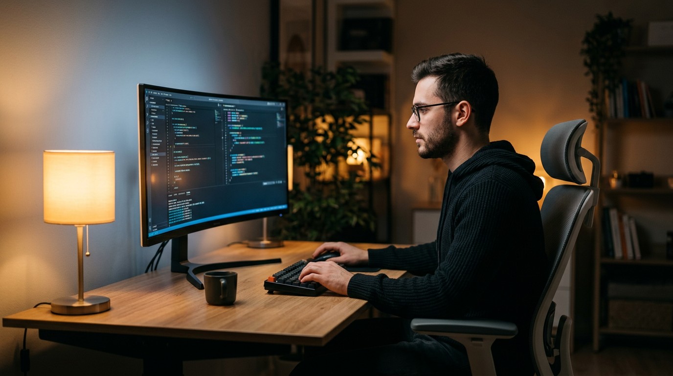 Разработчик работает в редакторе Visual Studio Code за современным компьютером