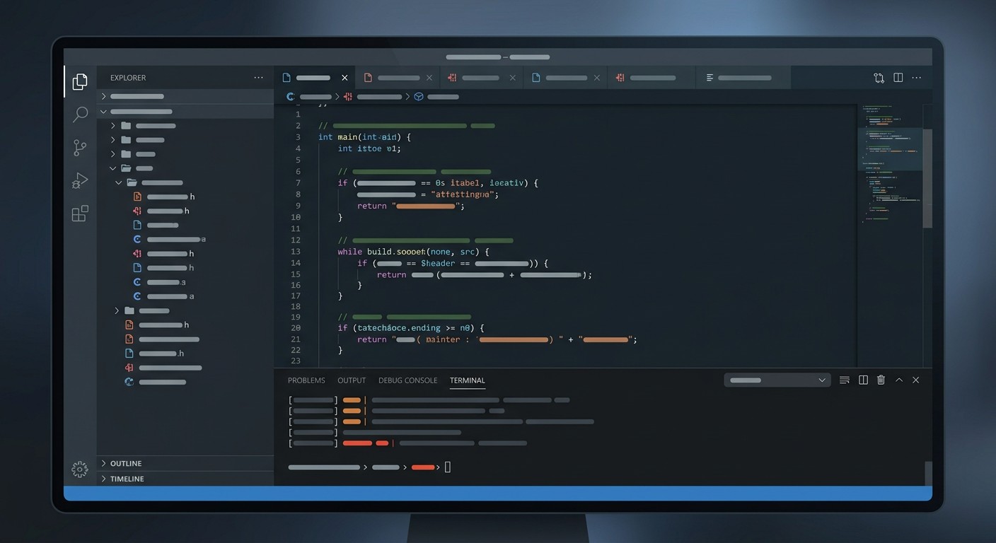 Тёмный редактор кода с C++ проектом, файловым деревом и терминалом