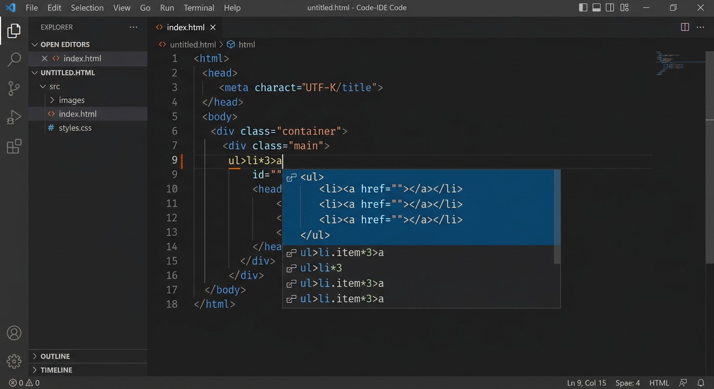 Emmet в действии в VS Code — автодополнение при написании HTML