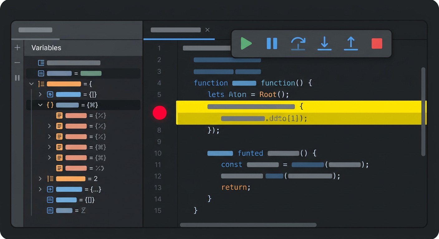 Отладчик VS Code с красной точкой останова на строке кода
