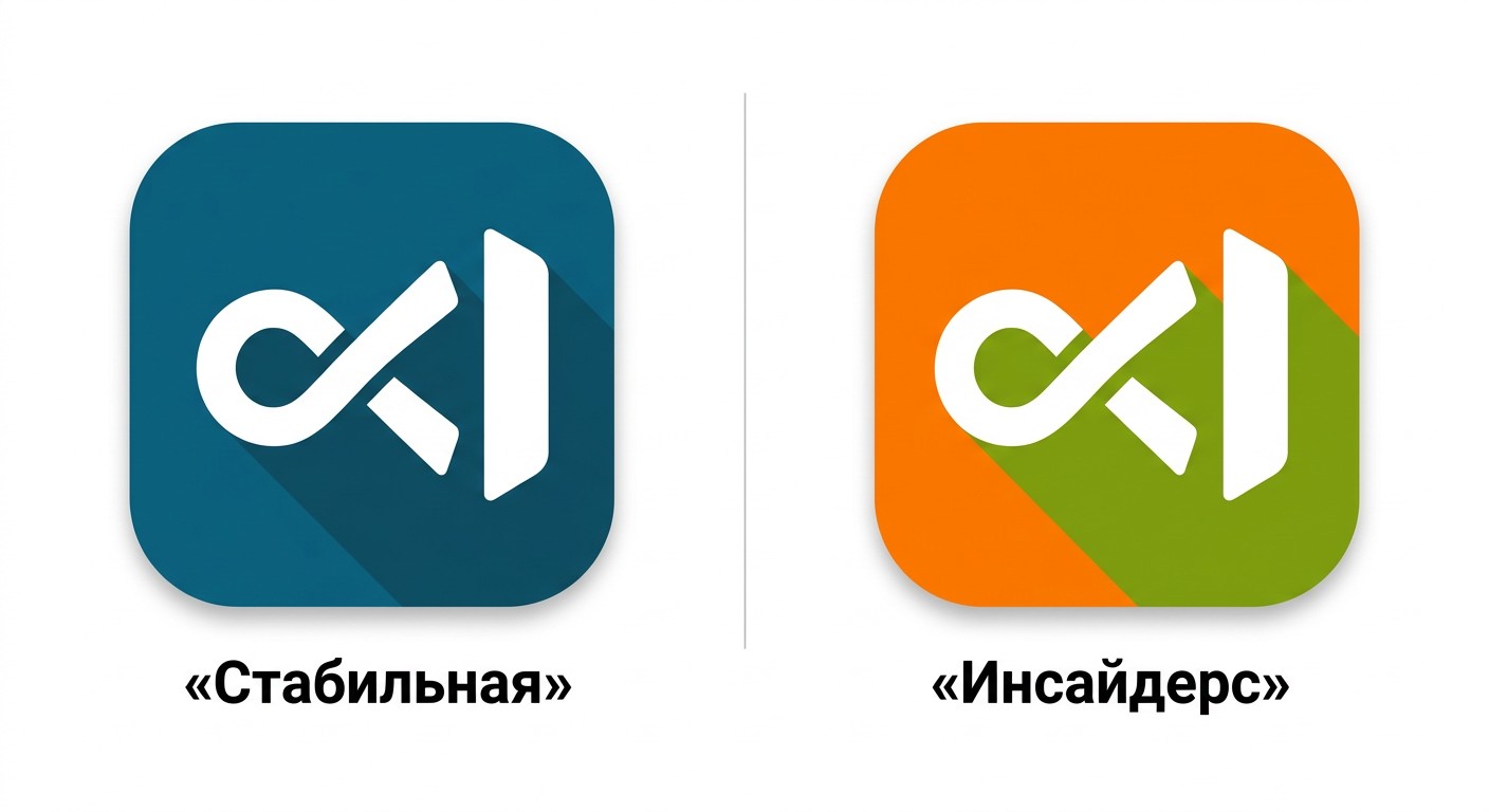 Сравнение иконок VS Code Stable и Insiders — синяя и оранжевая версии