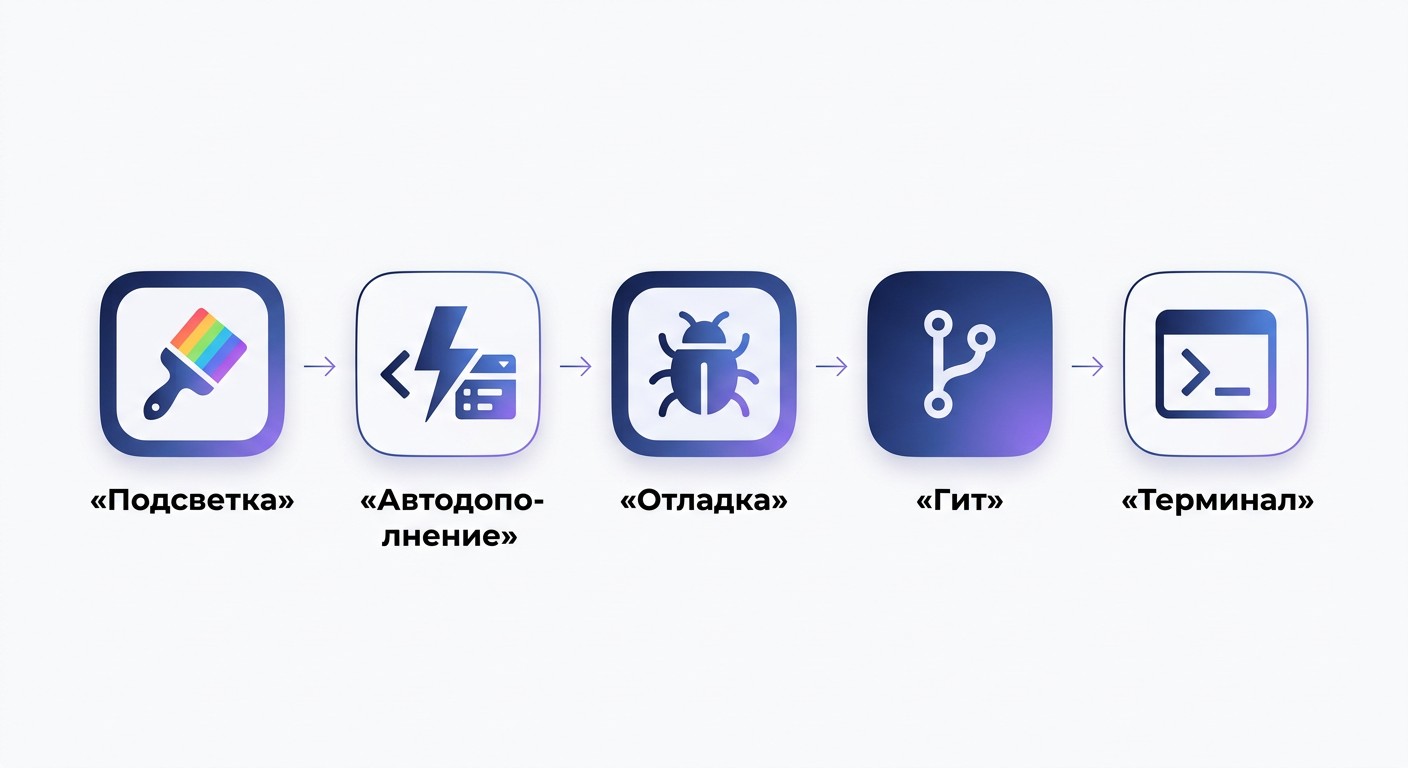 Инфографика пяти встроенных возможностей редактора Visual Studio Code