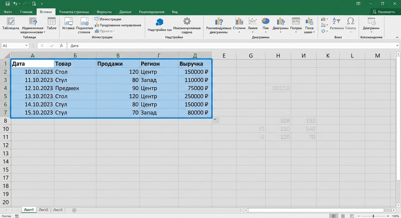 Выделенный диапазон данных на листе Excel для построения диаграммы