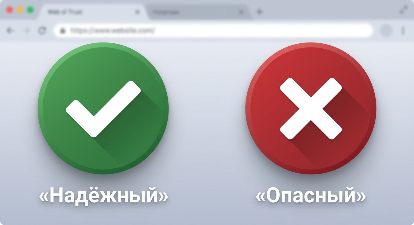 Значки WebOfTrust — зелёный «Надёжный» и красный «Опасный» индикатор сайта