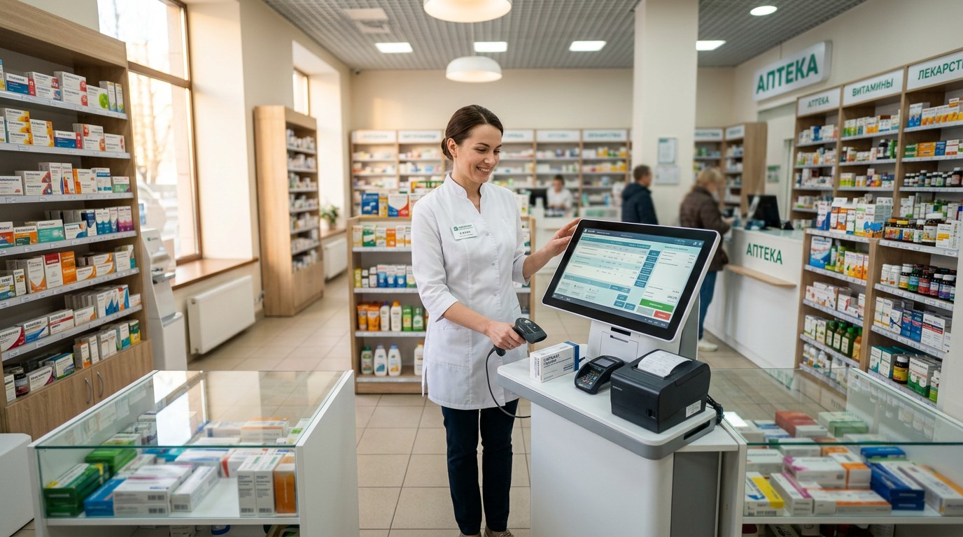 Фармацевт в аптеке работает с программой 1С:Аптека за кассовым терминалом