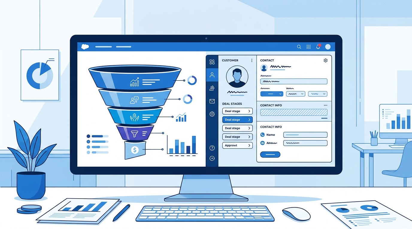 Интерфейс 1С:CRM с воронкой продаж и карточкой клиента на экране монитора