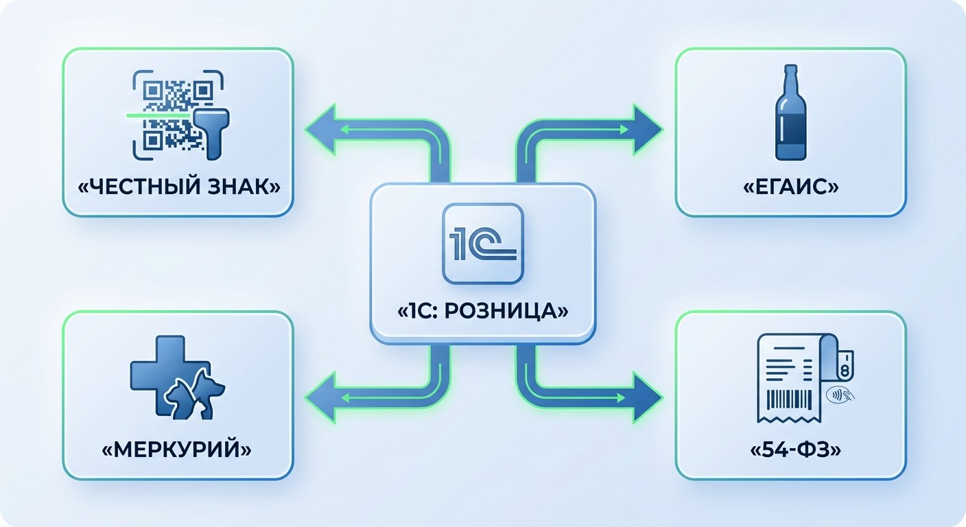Схема интеграций 1С Розница с Честный ЗНАК ЕГАИС Меркурий и 54-ФЗ