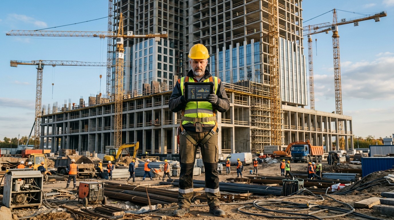 Прораб на строительной площадке работает с программой 1С строительство