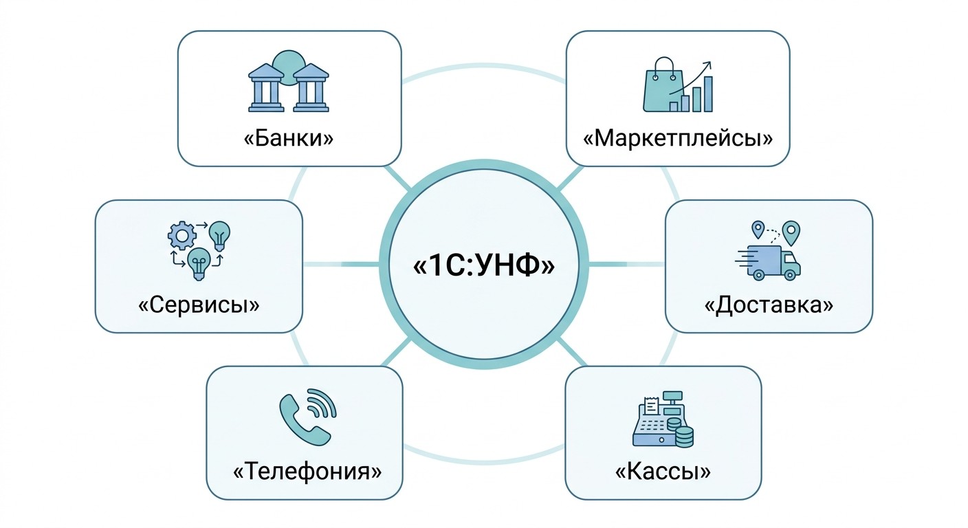 Карта интеграций 1С:УНФ — банки, маркетплейсы и сторонние сервисы