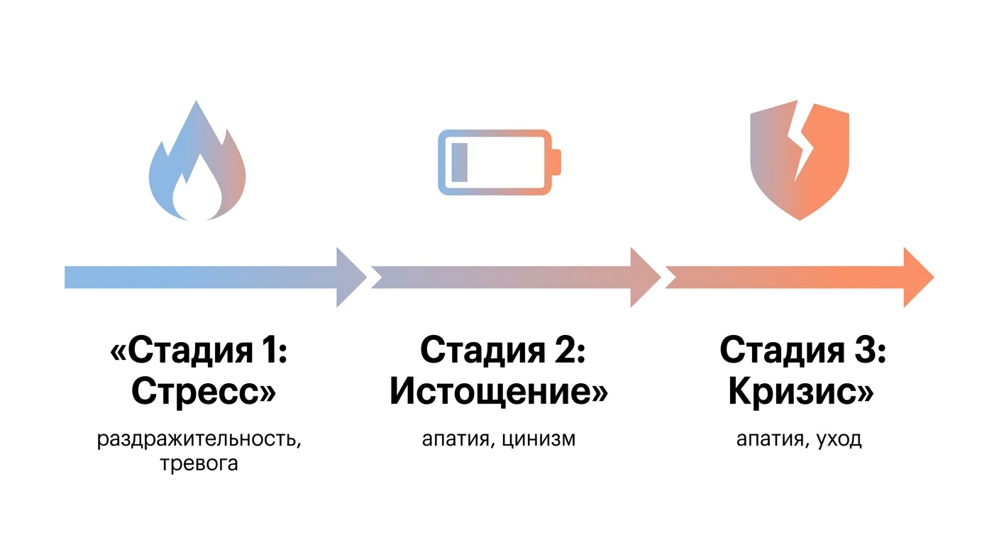 Инфографика три стадии профессионального выгорания с поведенческими маркерами