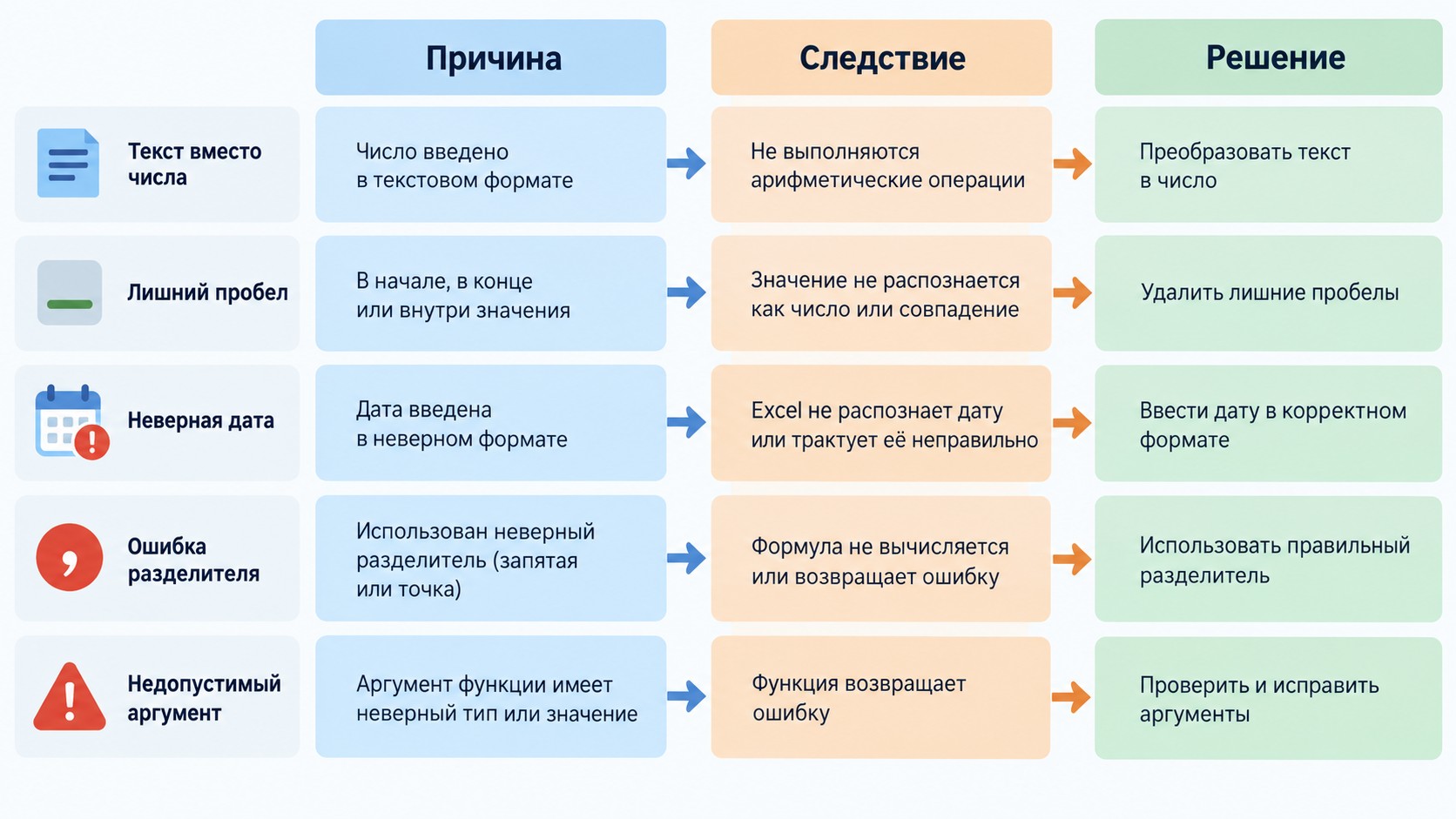 Схема: 5 причин ошибки #ЗНАЧ! в Excel с решениями