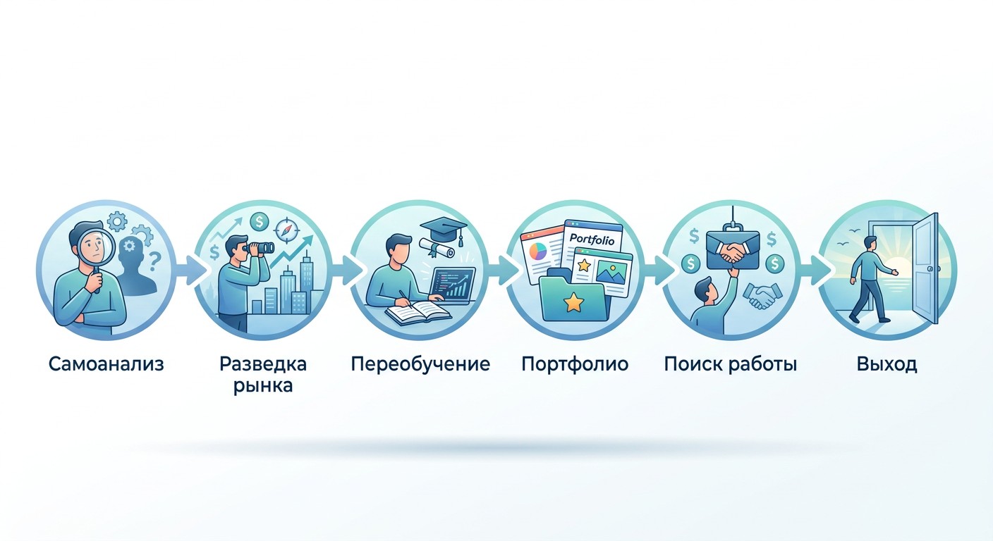 Инфографика шесть шагов смены профессии после 40 лет