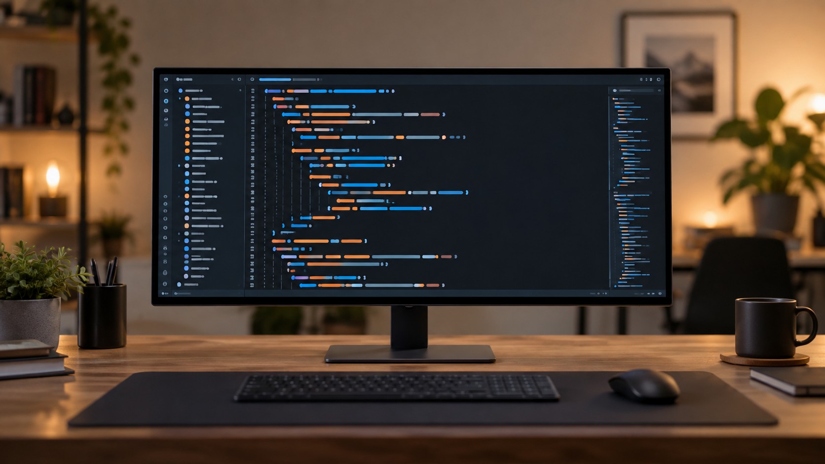 Монитор с синтаксисом CASE WHEN в тёмном редакторе SQL-кода