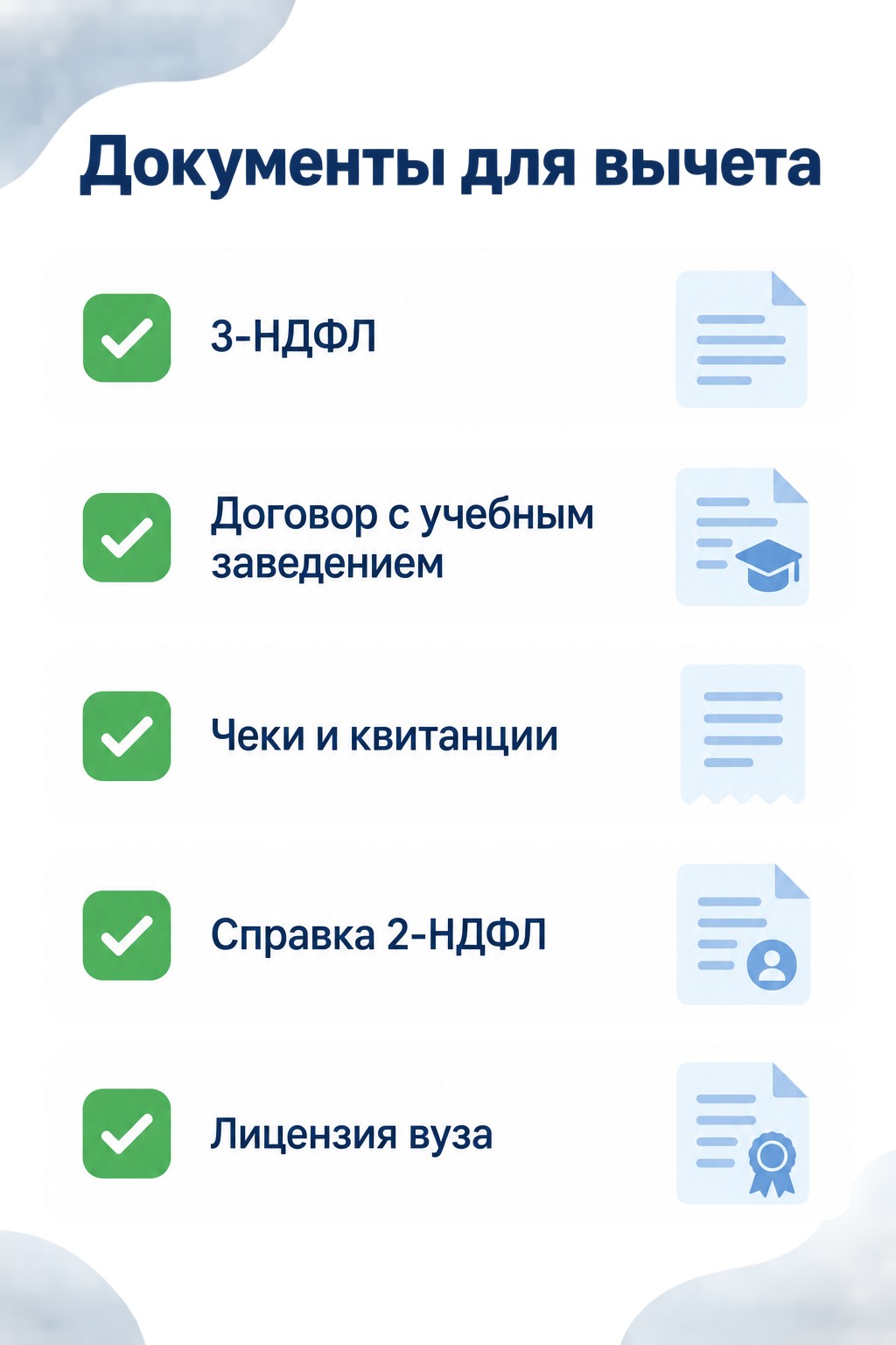 Чек-лист документов для налогового вычета за обучение 2024–2025