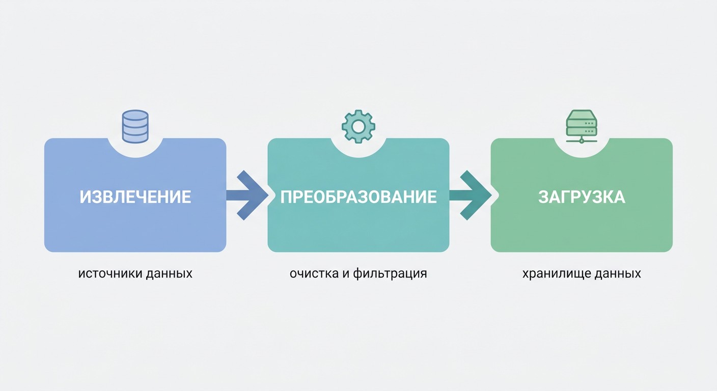 Схема конвейера данных: извлечение, преобразование и загрузка данных
