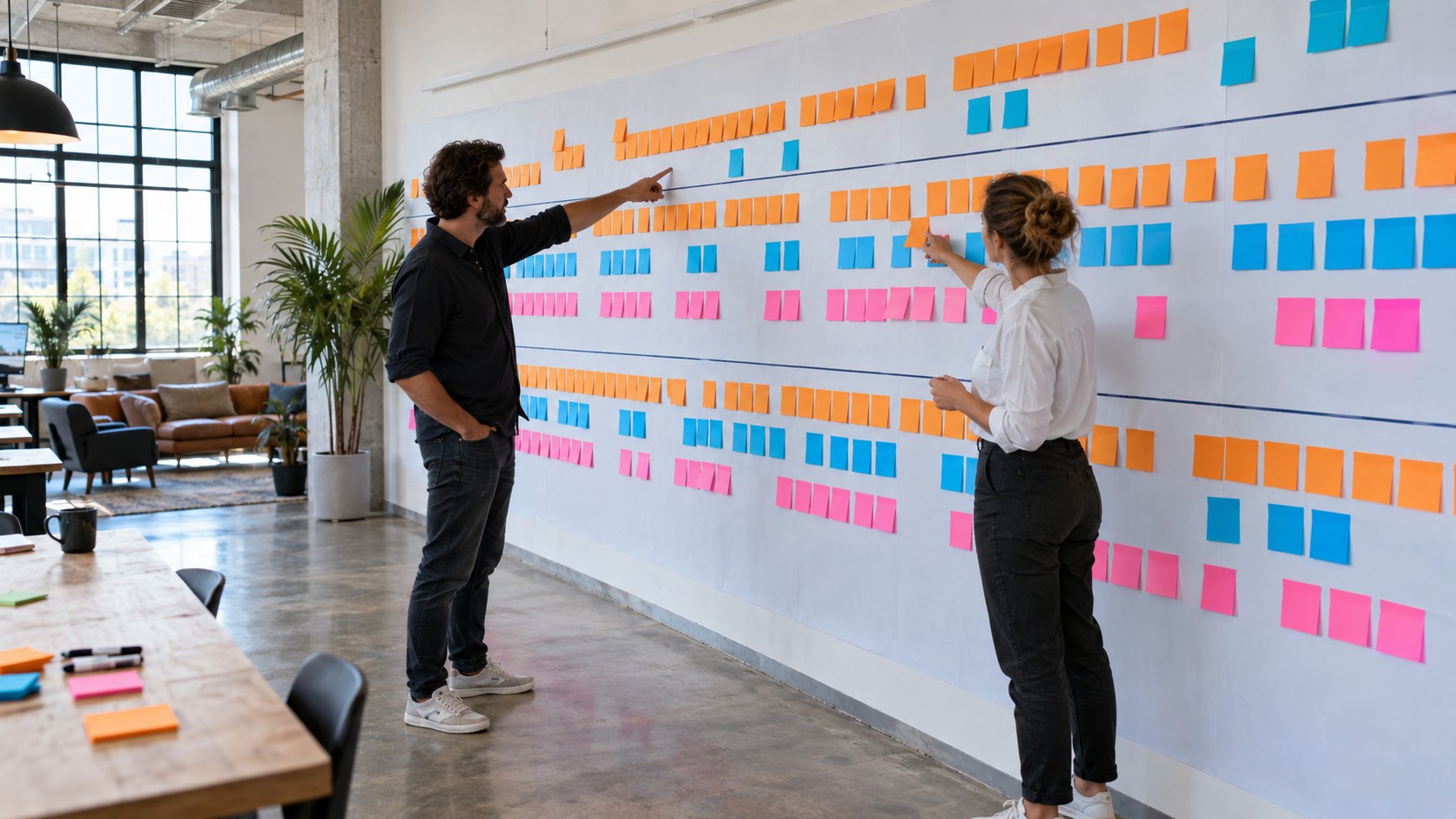 Event Storming сессия — команда работает с цветными стикерами на стене