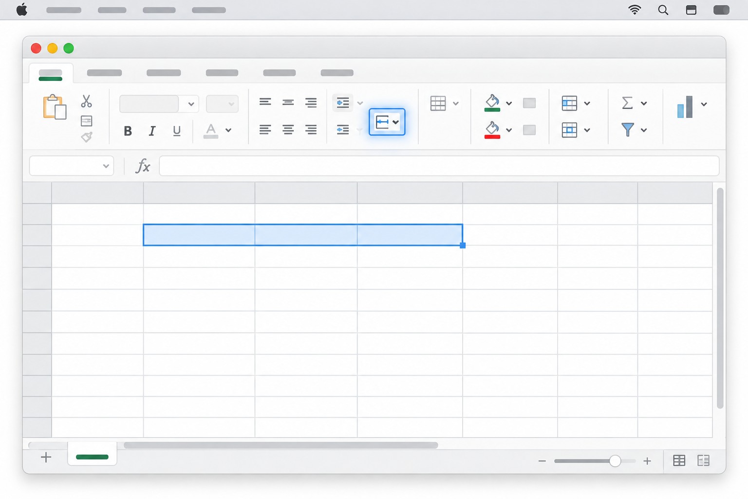 Интерфейс Excel для Mac — расположение кнопки «Объединить ячейки»