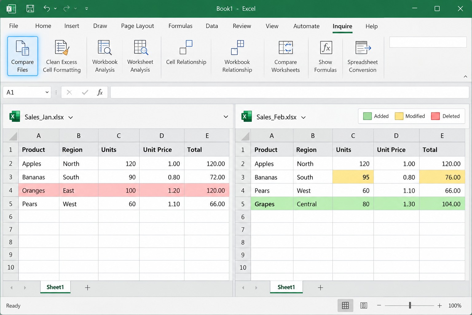 Вкладка Inquire в Excel с кнопкой Compare Files и цветовой картой различий