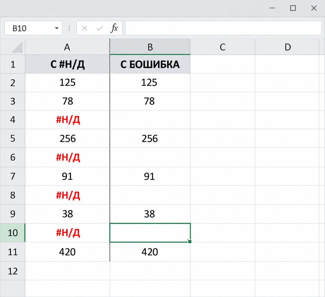 Сравнение столбца с ошибками #Н/Д и столбца с функцией ЕОШИБКА в Excel