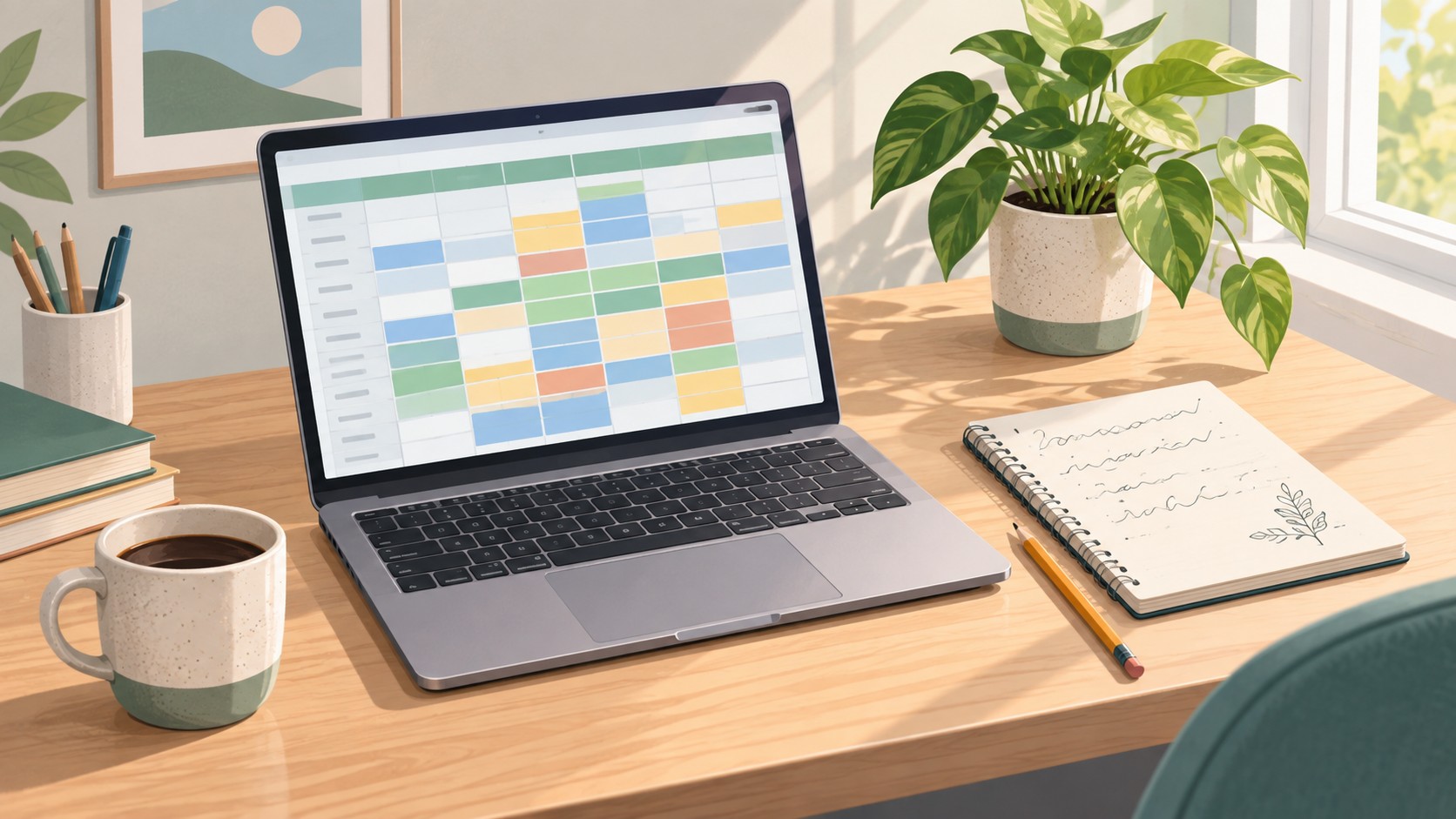 Рабочий стол с ноутбуком и таблицей Excel для работы с данными