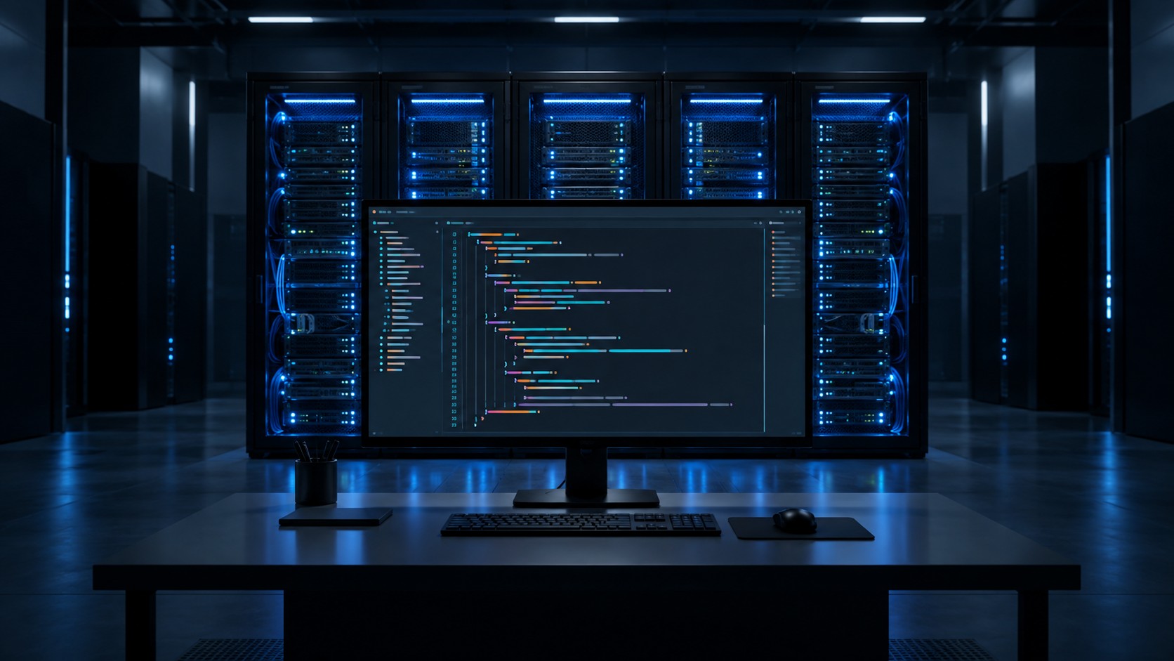 Сервер базы данных с кодом хранимой процедуры SQL на мониторе