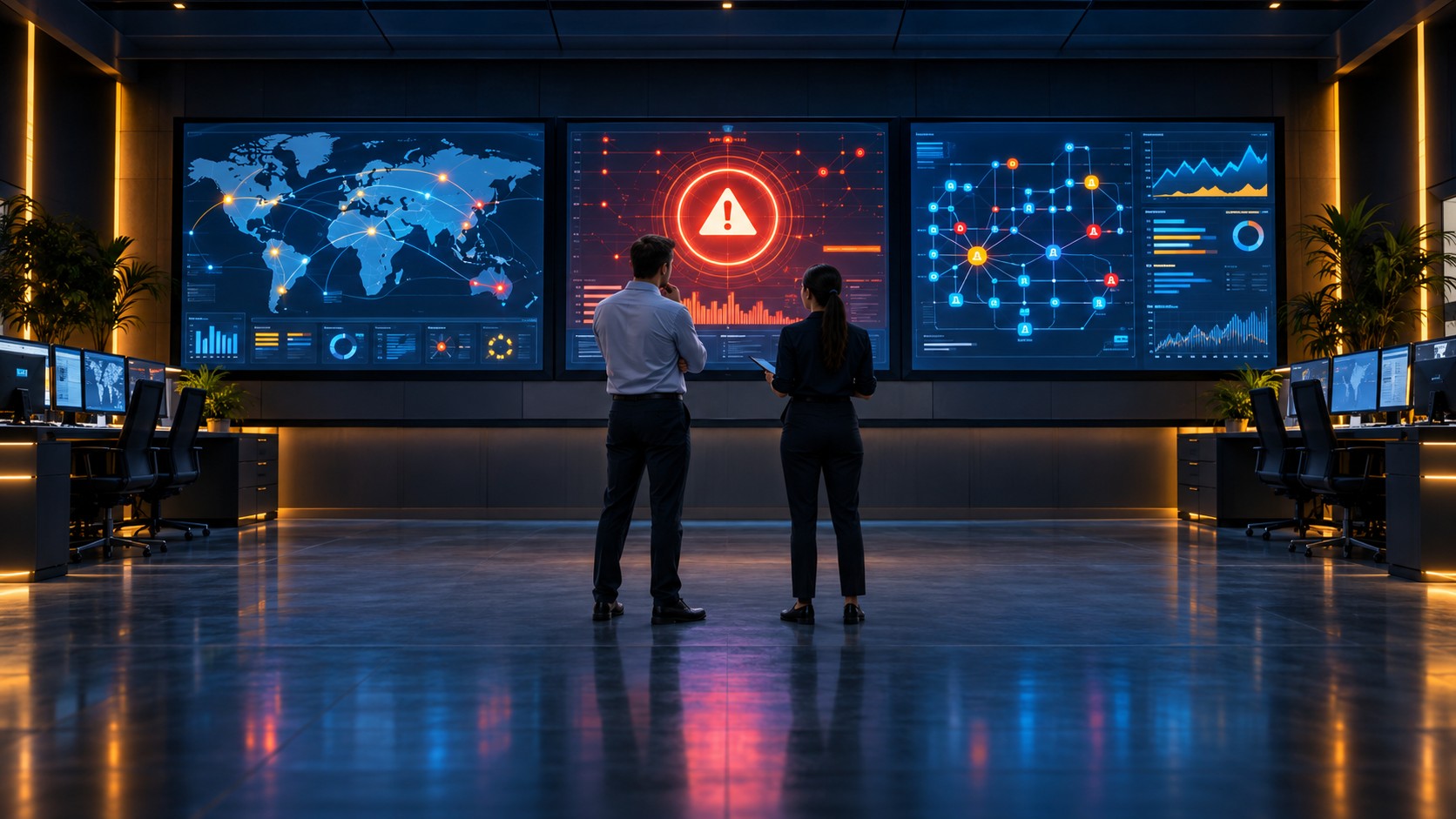IT-команда в центре мониторинга реагирует на алерт об инциденте