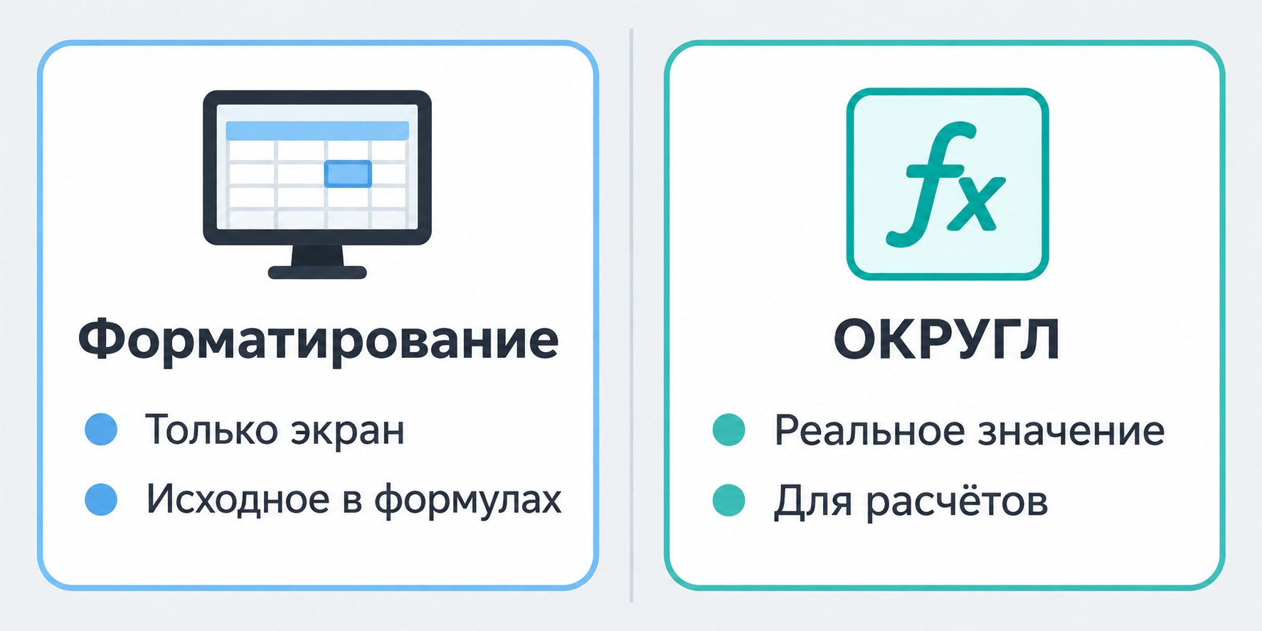 Инфографика: форматирование ячеек против функции ОКРУГЛ в Excel