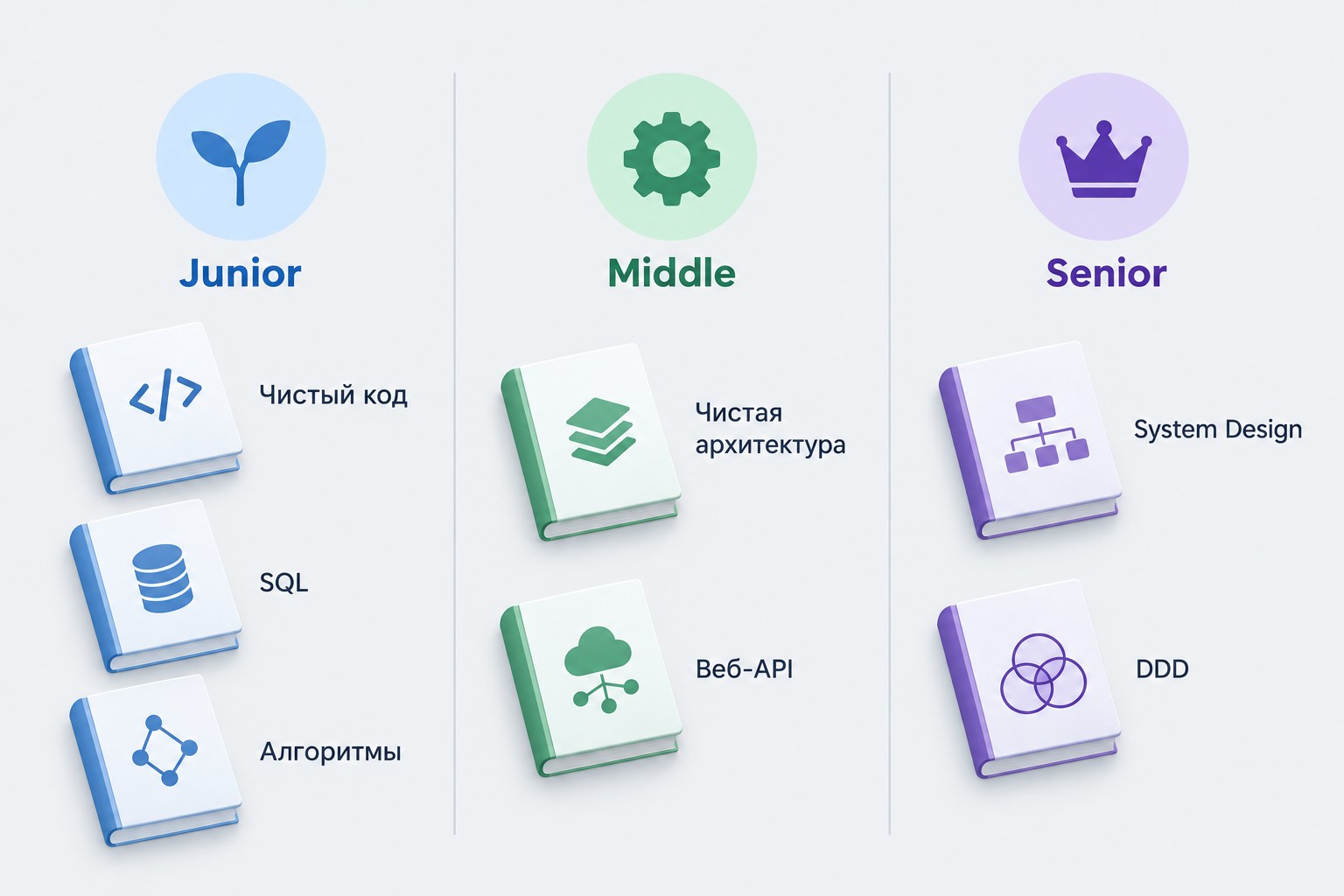 Инфографика: книги для системного аналитика по уровням Junior Middle Senior