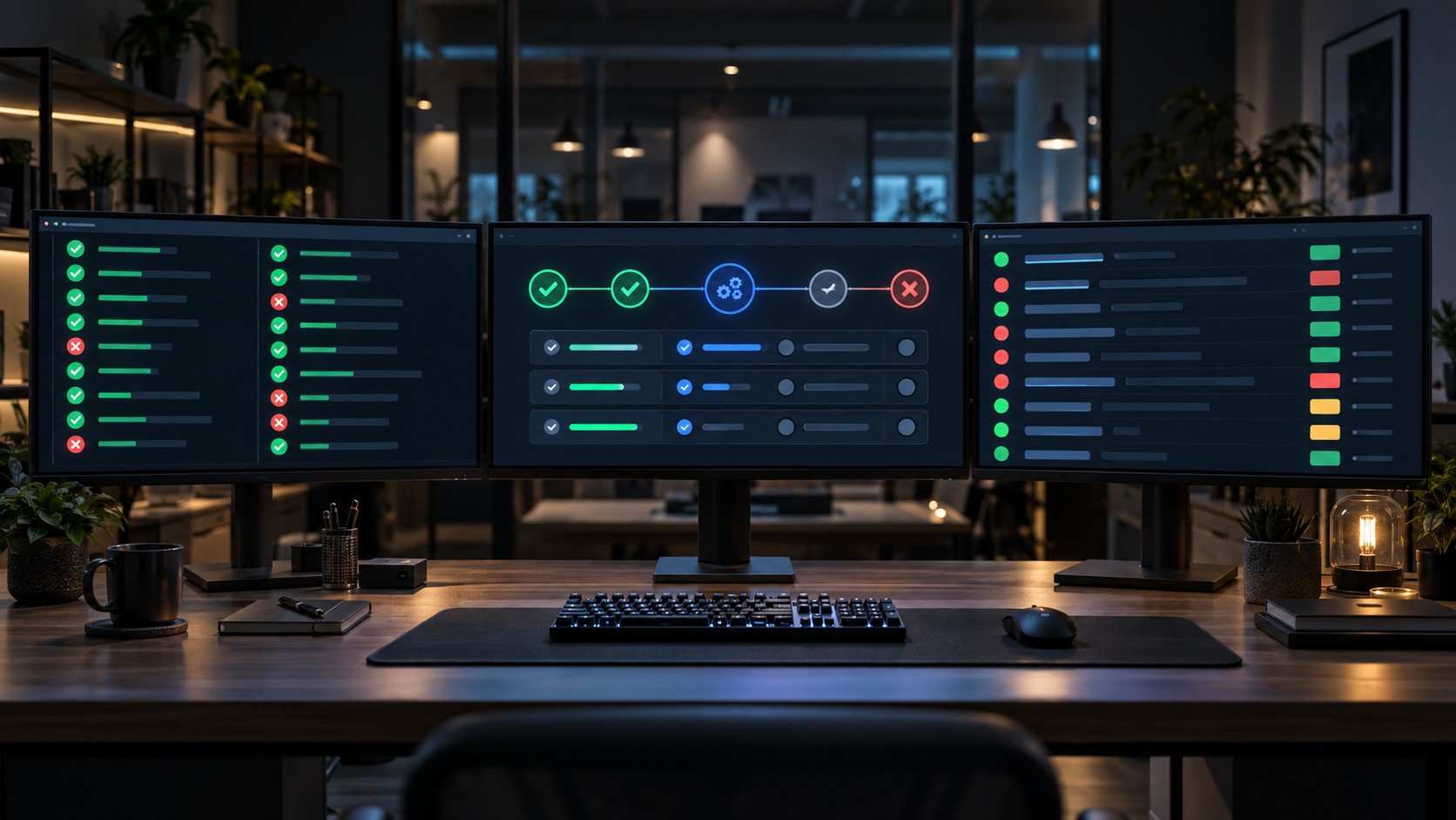 Рабочее место QA-инженера с мониторами — интеграционное тестирование системы