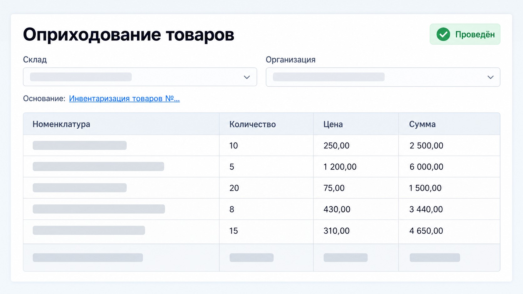 Документ Оприходование товаров на основании инвентаризации в 1С Бухгалтерия