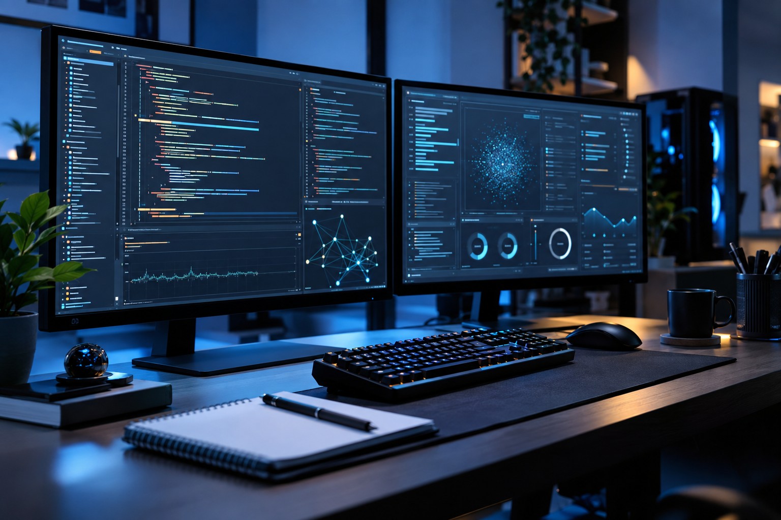 Современная IT-среда — рабочее место разработчика с двумя мониторами