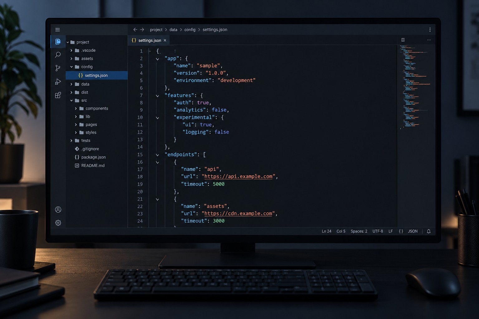 JSON-файл открыт в редакторе кода с деревом файлов и подсветкой