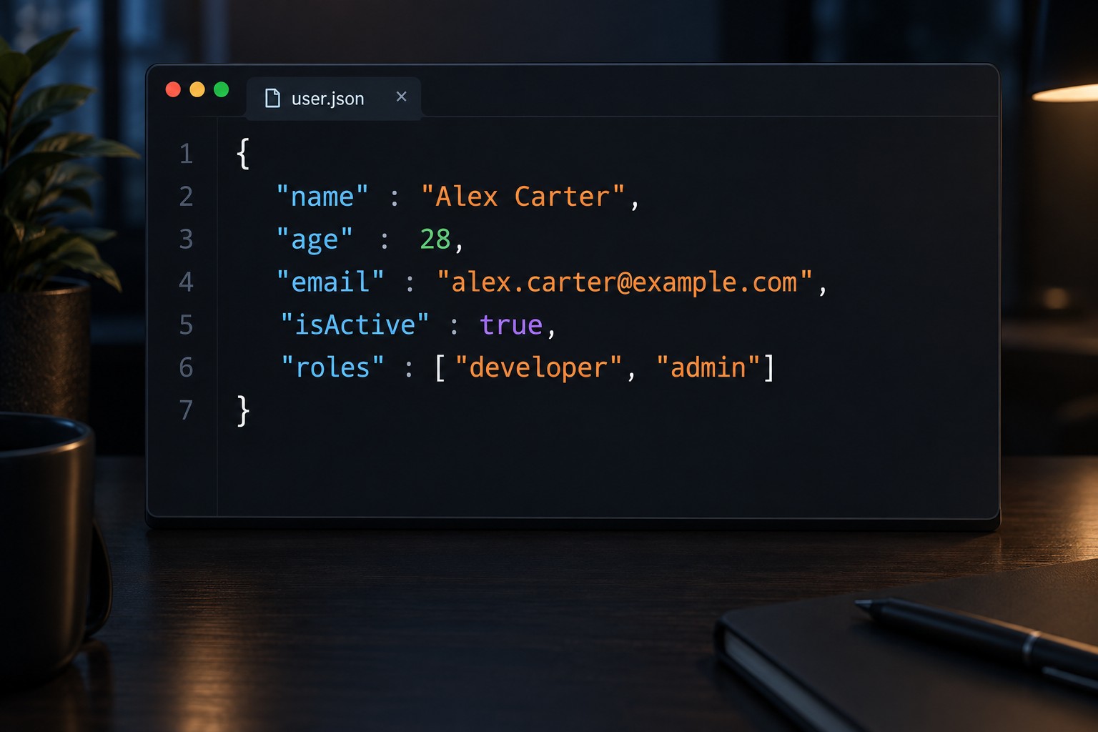 Пример JSON-объекта с профилем пользователя в редакторе кода