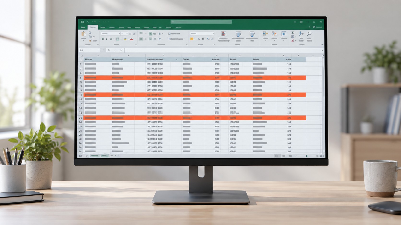Монитор с таблицей Excel, в которой красным выделены дубликаты строк