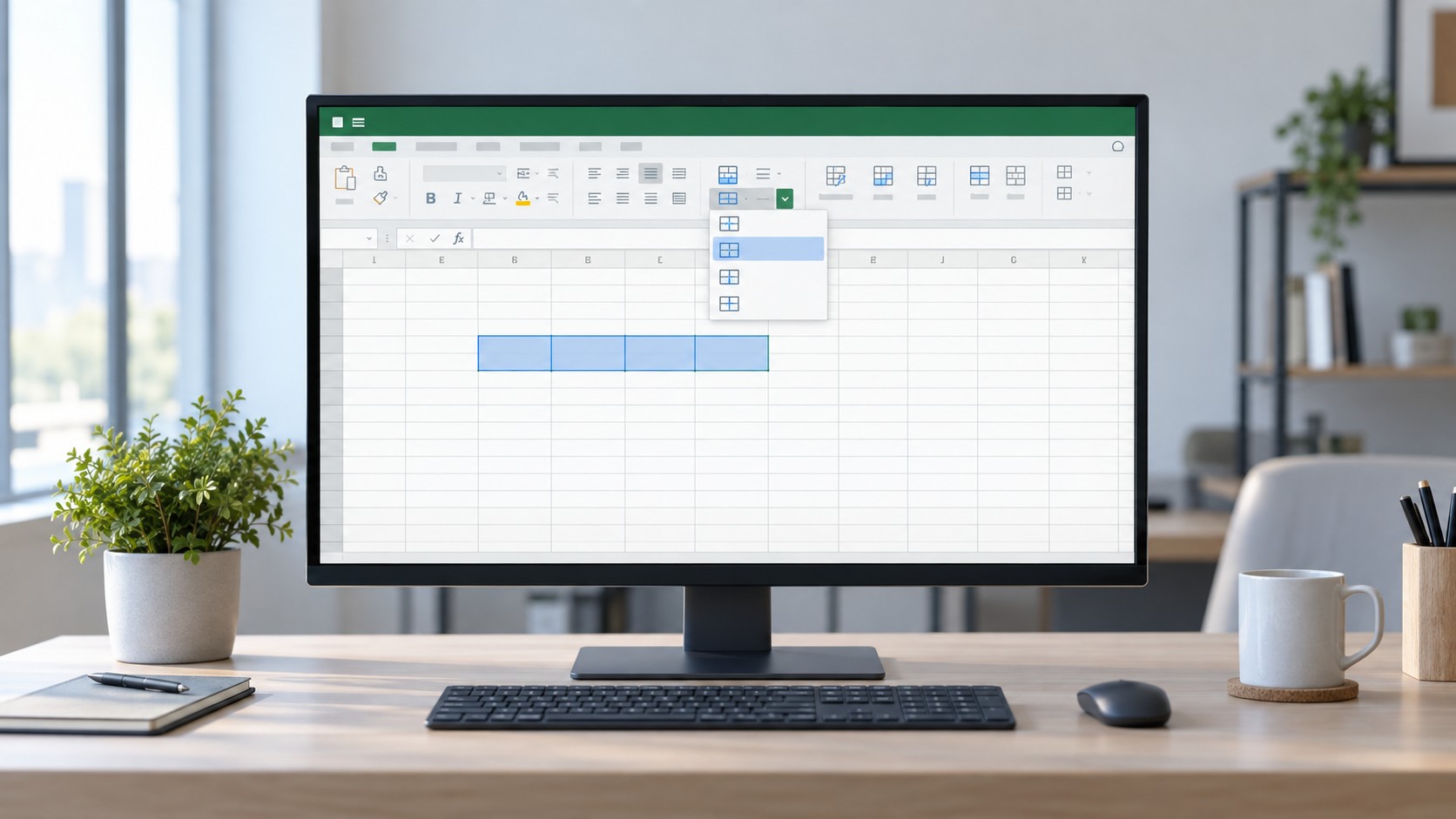 Экран монитора с таблицей Excel и выделенными ячейками для объединения