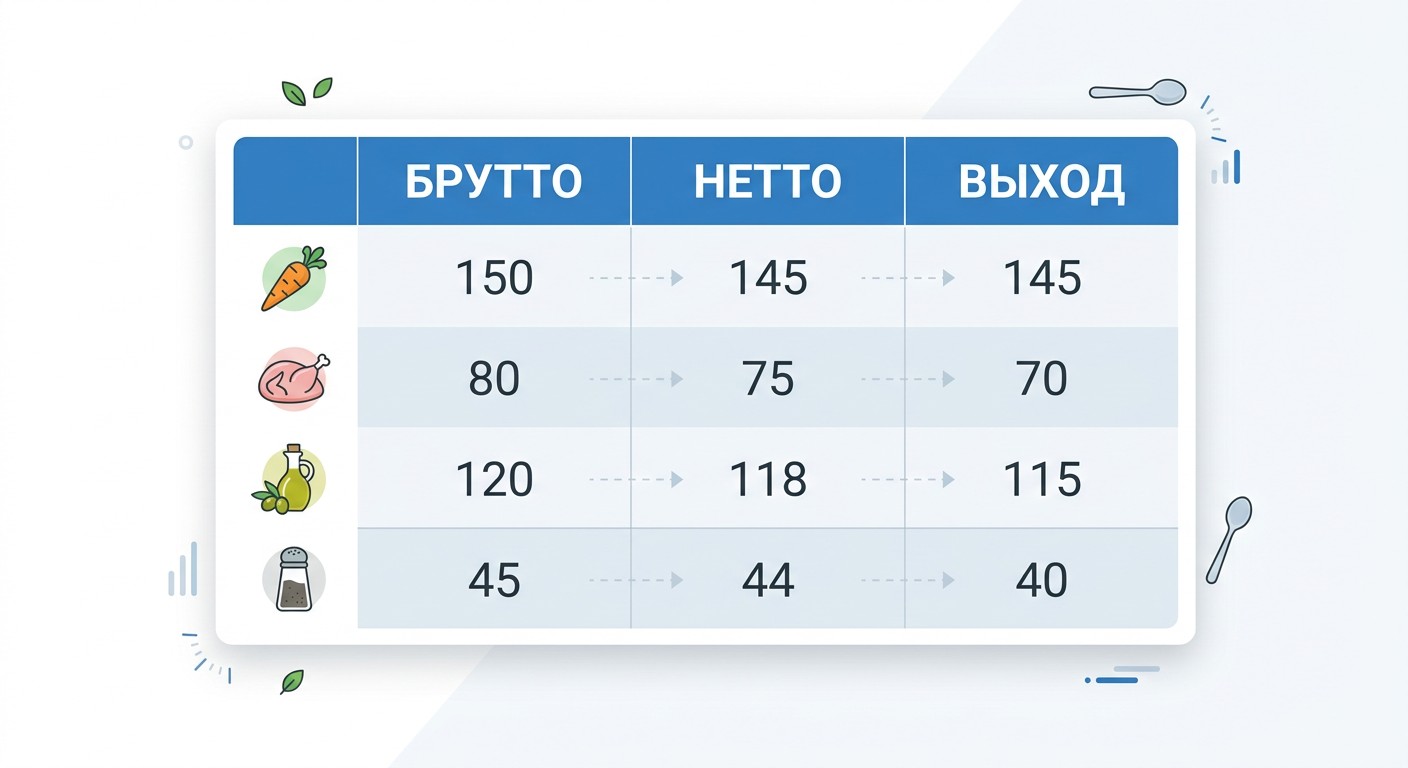 Карточка рецептуры в 1С:Общепит с колонками Брутто, Нетто и Выход