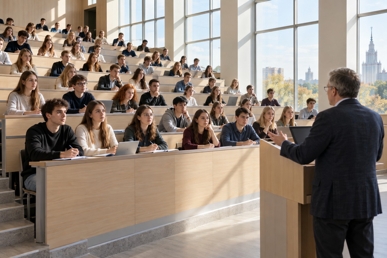 Студенты в лекционном зале университета слушают лекцию преподавателя