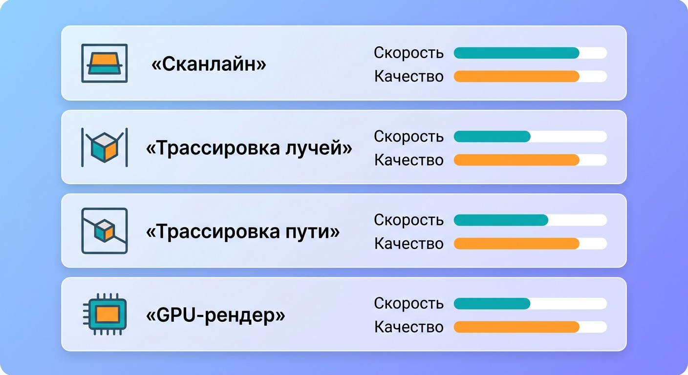 Инфографика четырёх методов рендеринга: скорость и качество