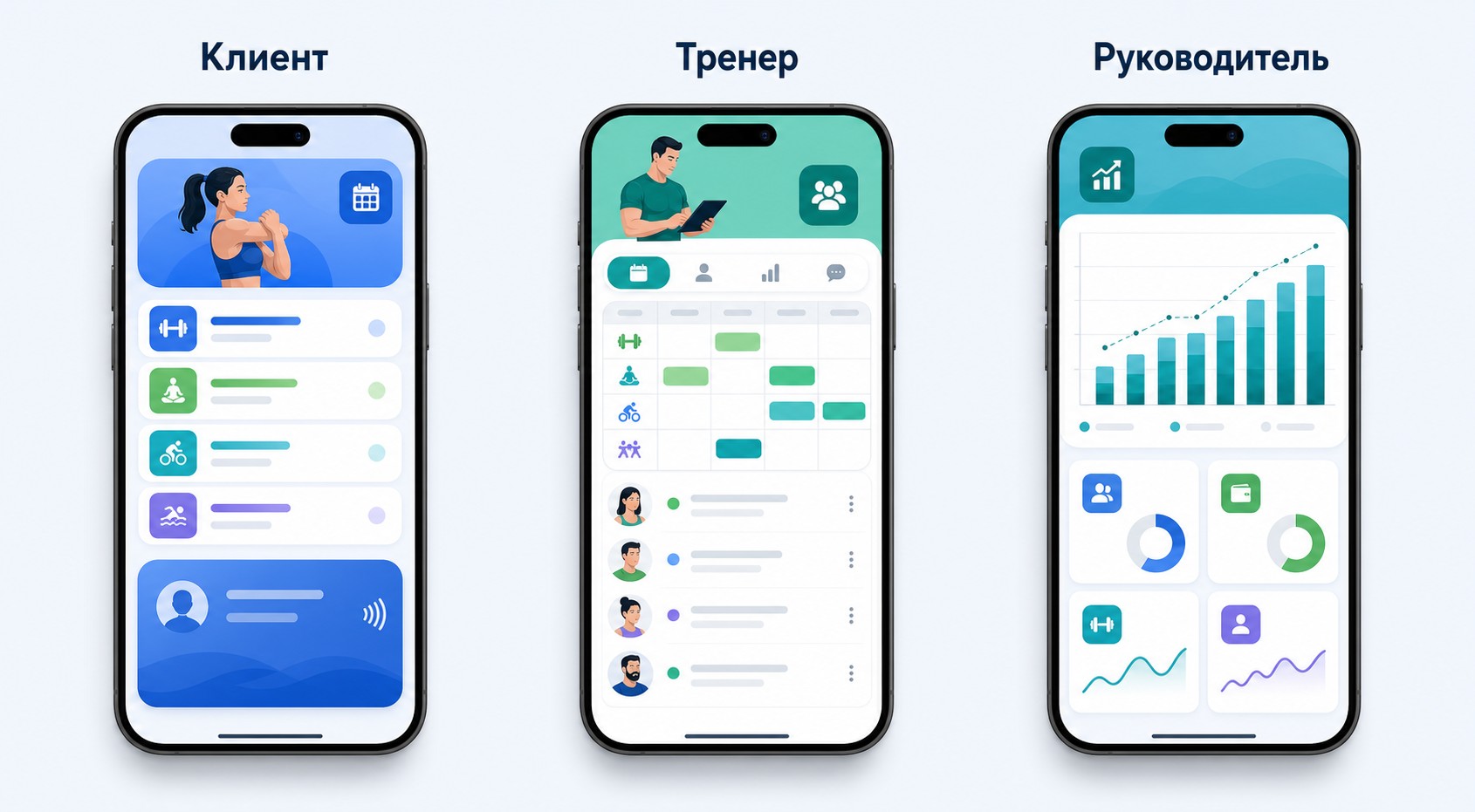 Мобильное приложение 1С:Фитнес клуб: экраны клиента, тренера и руководителя
