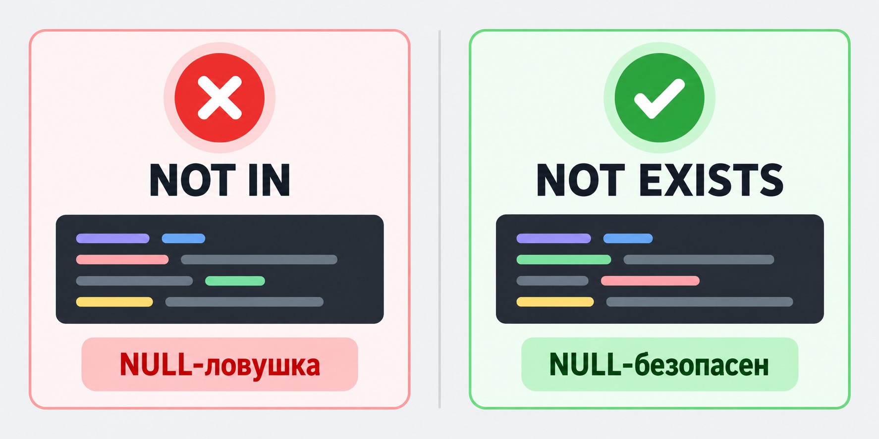NOT IN против NOT EXISTS в SQL — сравнительная инфографика с NULL-ловушкой
